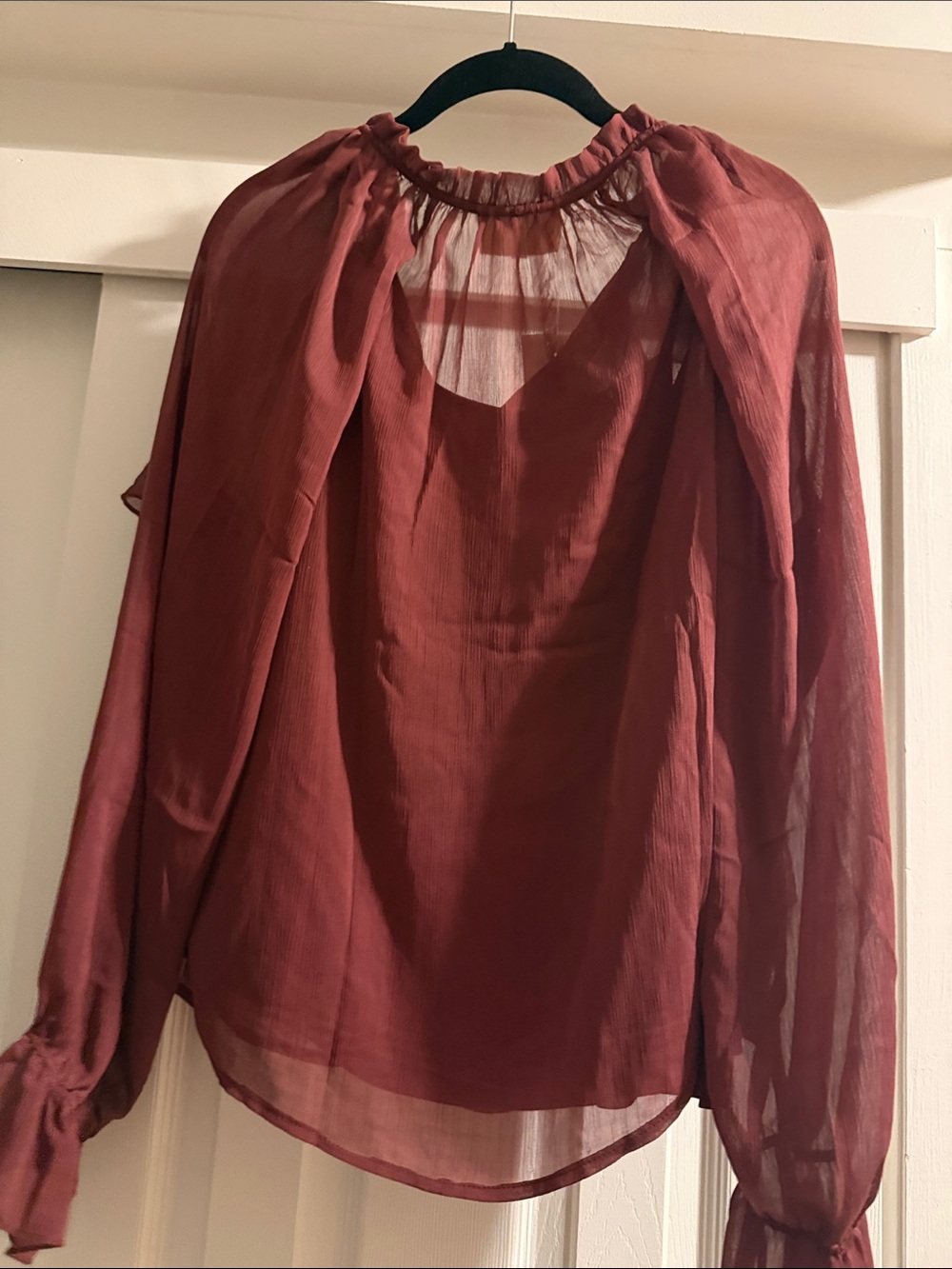 MELLODAY Burgundy Sheer Ruffle Tie-Neck Blouse NWT Size L - Picture 5 of 9